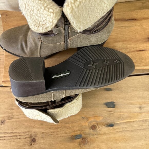 Eddie Bauer Louise Suede Boots Booties Tan Sherpa Cuff 8.5 - Picture 4 of 7